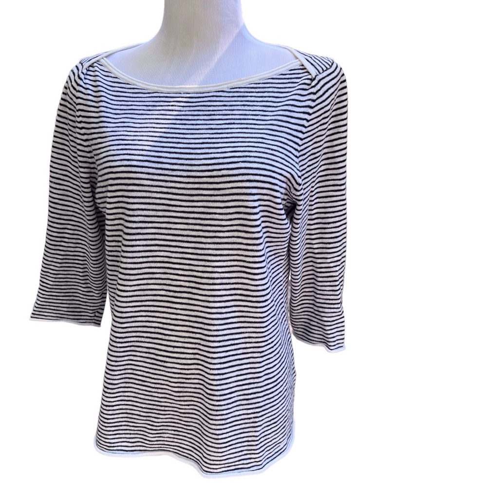 Eileen Fisher Black & White Striped Boat Neck Organic Cotton Sweater Size M